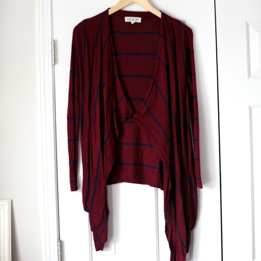 Red and navy striped waterfall sweater